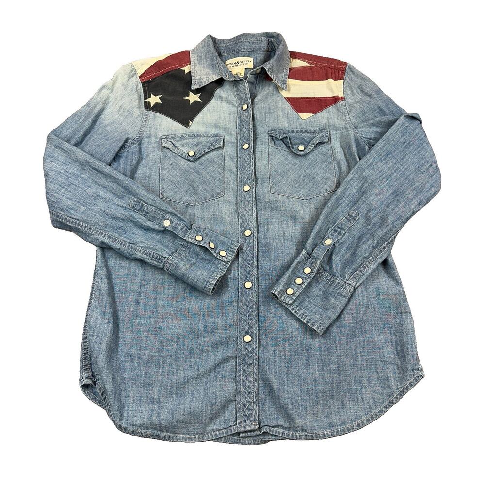 Denim & Supply Ralph Lauren Western Pearl Snap Shirt USA Flag Collar Medium